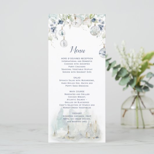 Dusty Blue Sage Green Bloemen Sneeuw Wereldbol Orn Menu (Staand voorkant)