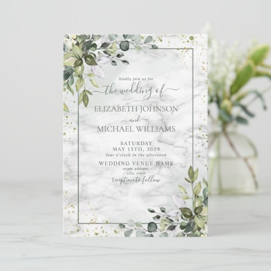 Dusty Blue Sage Green Botanical Greenery Wedding Kaart (Staand voorkant)