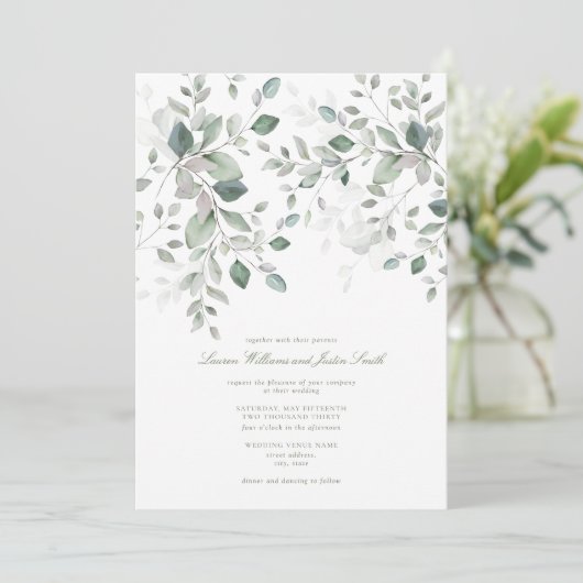 Dusty Blue Sage Green Botanical Script Weddenschap Kaart (Staand voorkant)