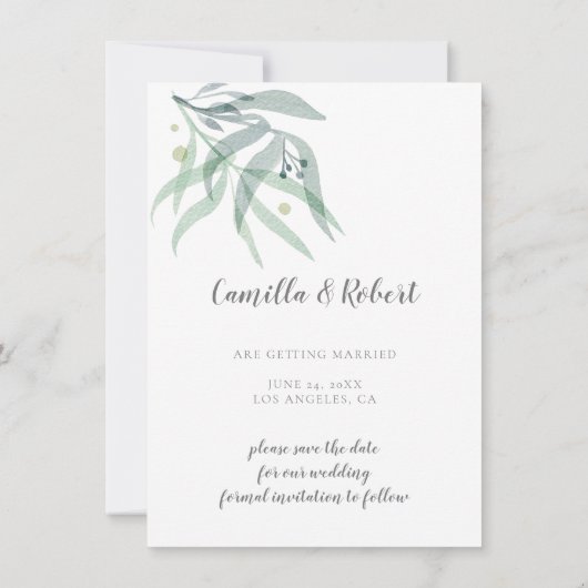 Dusty Blue Sage Green Botanicals Foto Save The Date (Achterkant)