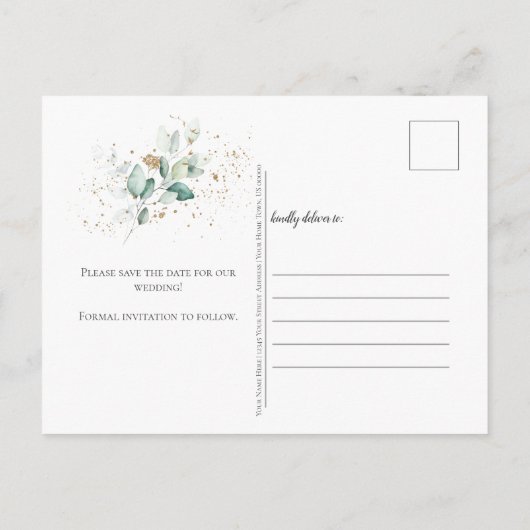 Dusty Blue Sage Green Eucalyptus Bewaar de datum | Aankondigingskaart (Achterkant)