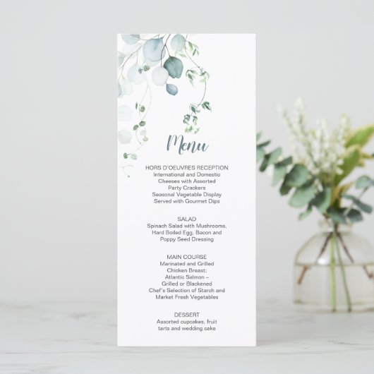 Dusty Blue Sage Green Eucalyptus Botanical Weddens Menu (Staand voorkant)