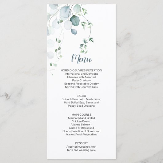 Dusty Blue Sage Green Eucalyptus Botanical Weddens Menu (Voorkant)