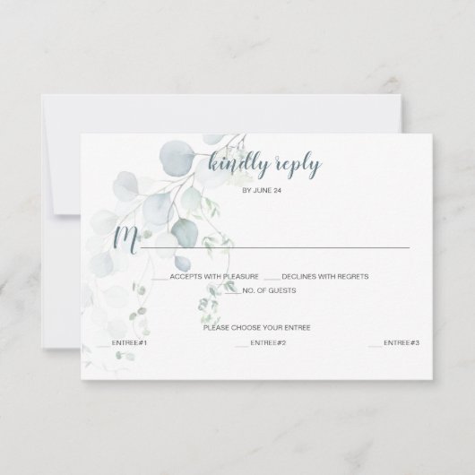 Dusty Blue & Sage Green Eucalyptus Maaltijdselecti RSVP Kaartje (Voorkant)