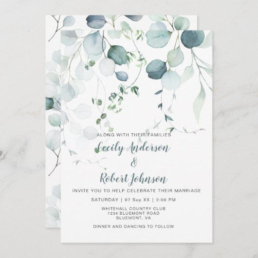 Dusty Blue & Sage Green Eucalyptus op wit Kaart (Voorkant / Achterkant)