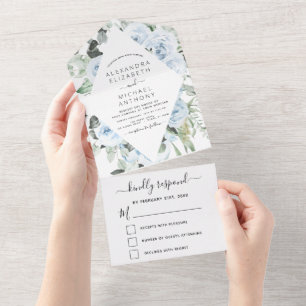 Dusty Blue - Sage Green Floral Wedding Invitation All In One Uitnodiging