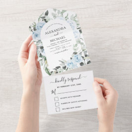 Dusty Blue - Sage Green Floral Wedding RSVP helema All In One Uitnodiging