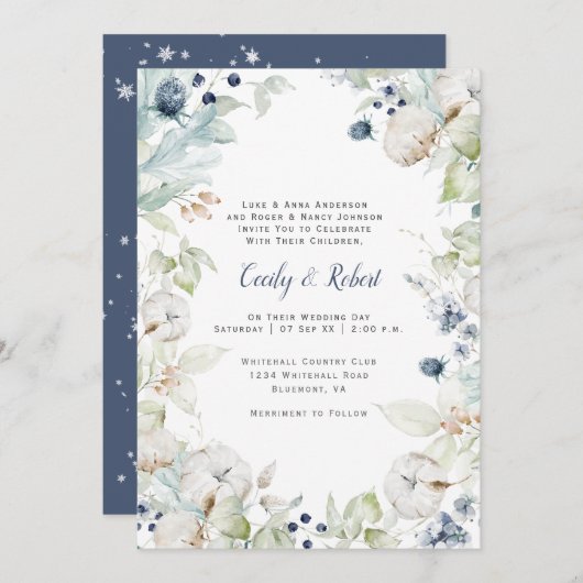 Dusty Blue Sage Green Floral Wedding w/Menu Kaart (Voorkant / Achterkant)