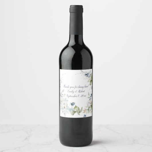 Dusty Blue Sage Green Floral Wine Bottle Wijn Etiket (Voorkant)