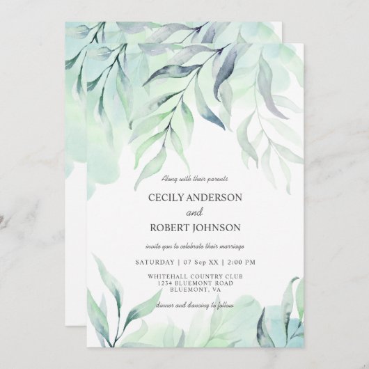 Dusty Blue & Sage Green Waterverf Ferns Wedding Kaart (Voorkant / Achterkant)