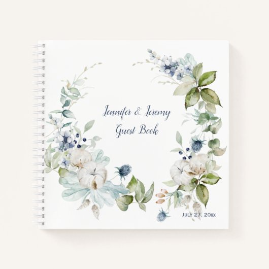 Dusty Blue Sage Green Winter Bloemen Gastenboek Notitieboek (Voorkant)