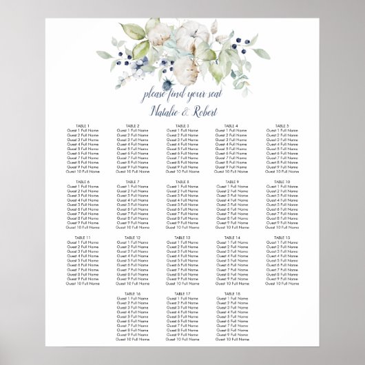 Dusty Blue Sage Green Winter Floral Seating Chart Poster (Voorkant)