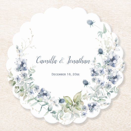 Dusty Blue Sage Green Winter Floral Wedding Kartonnen Onderzetters (Voorkant)