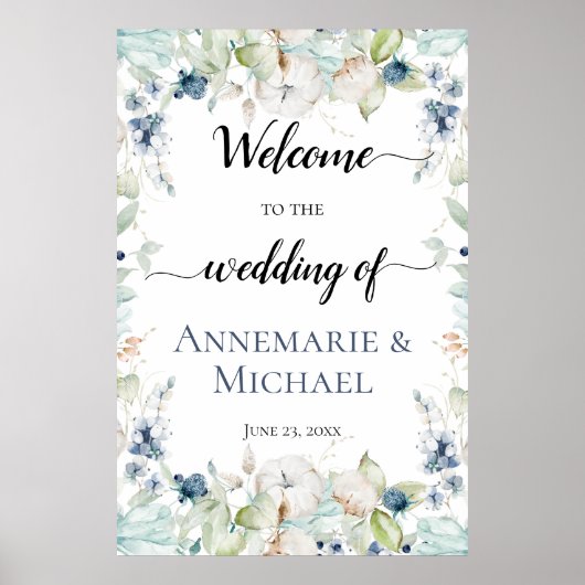 Dusty Blue Sage Green Winter Floral Wedding Poster (Voorkant)