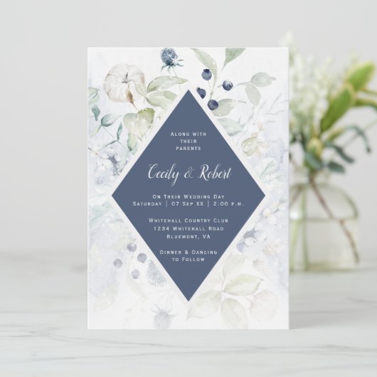 Dusty Blue Sage Groen Bloemen Diamant Lijst Bruilo Kaart (Staand voorkant)