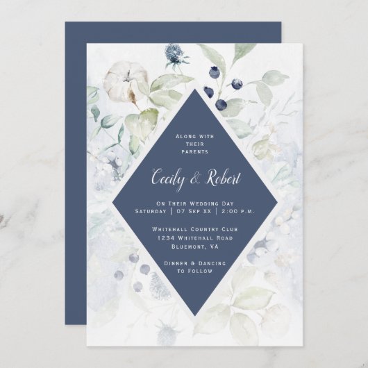 Dusty Blue Sage Groen Bloemen Diamant Lijst Bruilo Kaart (Voorkant / Achterkant)