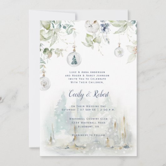 Dusty Blue Sage Groen Bloemen Sneeuw Wereldbollen Kaart (Voorkant)