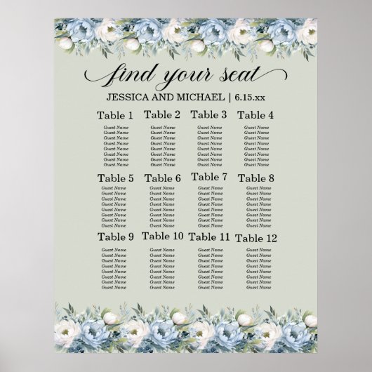 Dusty Blue Sage Groene Bruiloft Zitting Grafiek Poster (Voorkant)