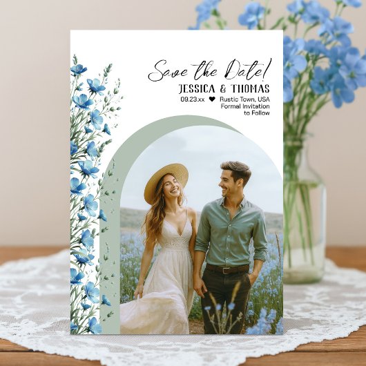 Dusty Blue & Sage Wildflowers Arch Photo Wedding Save The Date