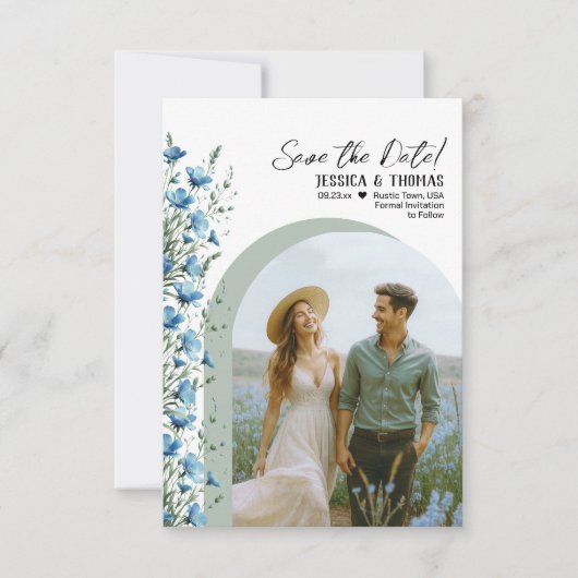 Dusty Blue & Sage Wildflowers Arch Photo Wedding Save The Date (Voorkant)