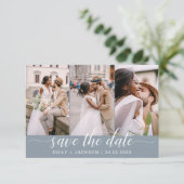 Dusty Blue Save the Date 3 Foto Elegant Modern (Staand voorkant)