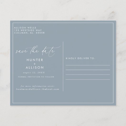 Dusty Blue Save the Date Briefkaart (Achterkant)