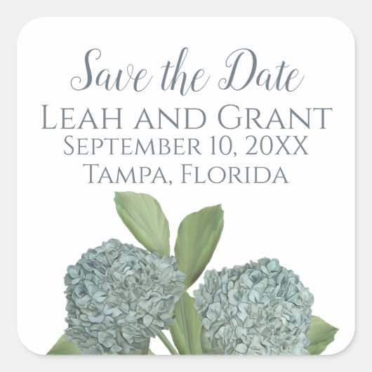Dusty Blue Save the Date Floral Hydrangea Wedding Vierkante Sticker (Voorkant)