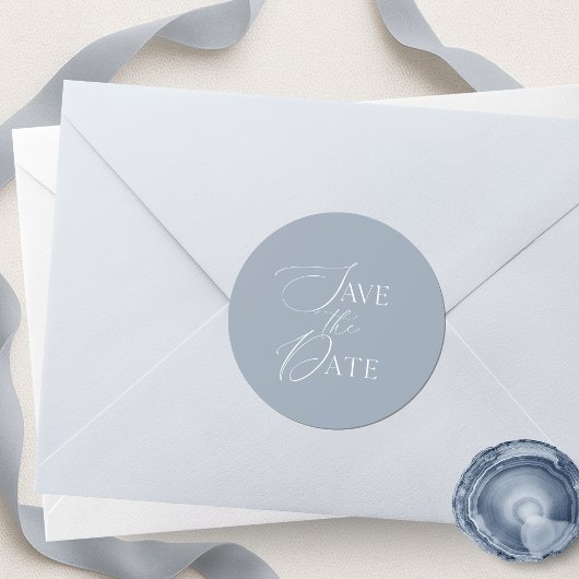 Dusty Blue Save The Date Script Huwelijk  Ronde Sticker