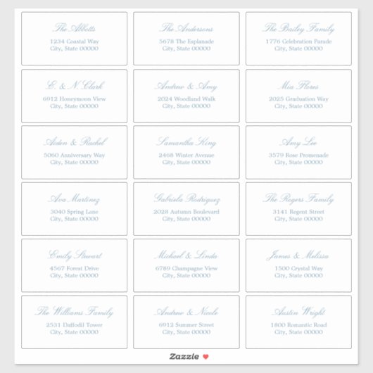 Dusty Blue Script 18 Gast Adresetiketten Sticker (Vel)