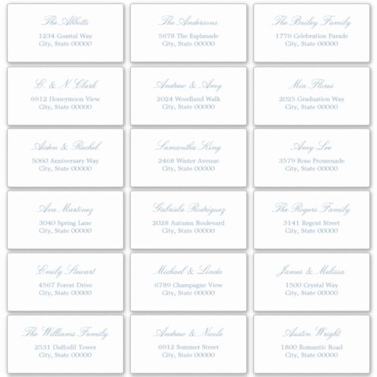 Dusty Blue Script 18 Gast Adresetiketten Sticker (Voorkant)