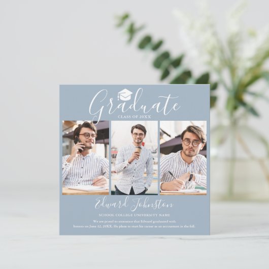 Dusty Blue Script Afstuderen 4 foto-Afstuderen Aankondiging (Staand voorkant)