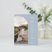 Dusty Blue Script Arch Photo QR Code Save the Date Briefkaart (Staand voorkant)