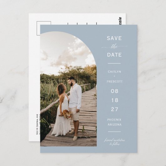 Dusty Blue Script Arch Photo QR Code Save the Date Briefkaart (Voorkant / Achterkant)