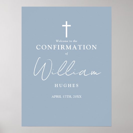 Dusty Blue Script Bevestiging Welkomstbord Poster (Voorkant)