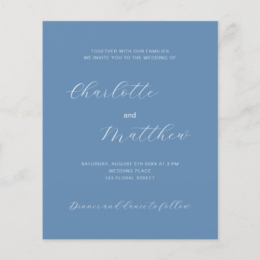 Dusty blue script budget huwelijksuitnodiging (Voorkant)