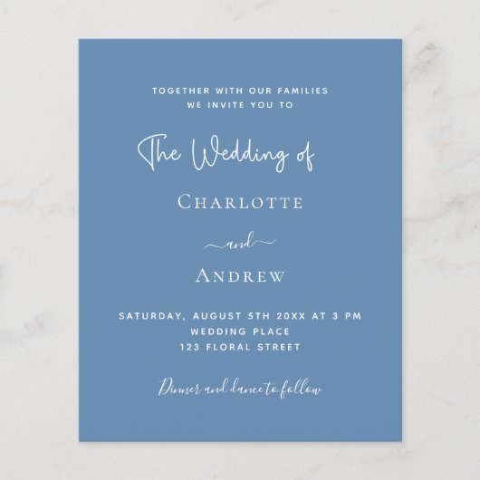 Dusty blue script budget huwelijksuitnodiging flyer (Voorkant)