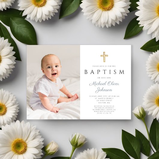 Dusty Blue Script Cross Boy Fotodoop Kaart