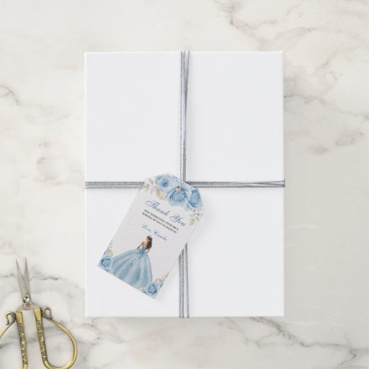 Dusty Blue Script Floral Princess Quinceañera Cadeaulabel (Met Touw)