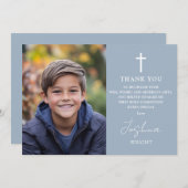 Dusty Blue Script Foto Eerste Heilige Communie Bedankkaart (Voorkant / Achterkant)