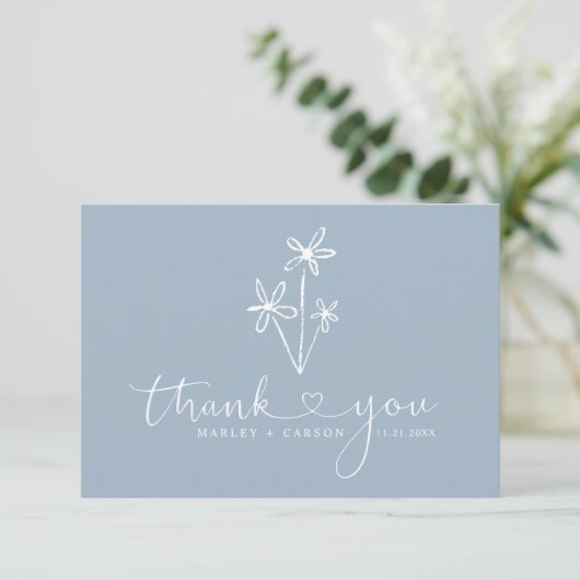 Dusty Blue Script Heart Boho Wedding Bedankkaart (Staand voorkant)