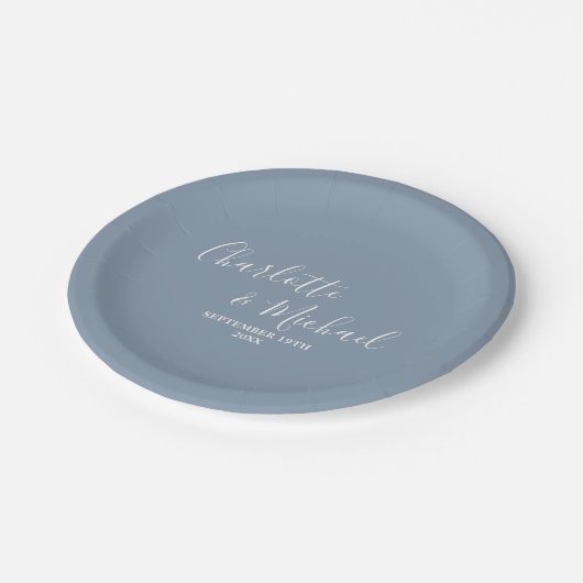 Dusty Blue Script minimalistische bruiloft Papieren Bordje (Gekanteld)