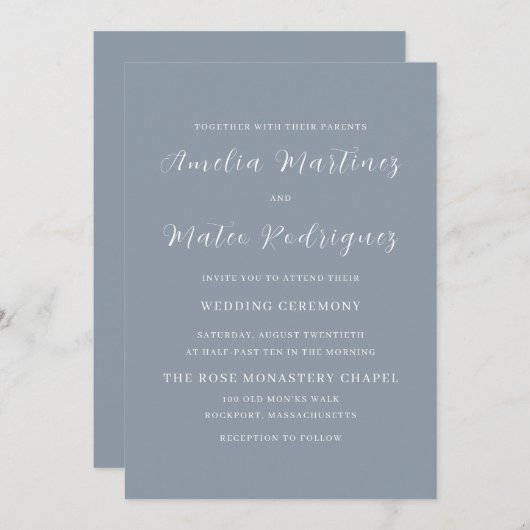 Dusty Blue Script Modern Wedding Kaart (Voorkant / Achterkant)