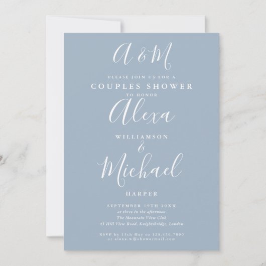 Dusty Blue Script Monogram Couples Weddenschap Sho Kaart (Voorkant)