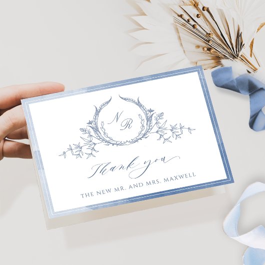 Dusty Blue Script Monogram, Waterverf bruiloft Th Bedankkaart