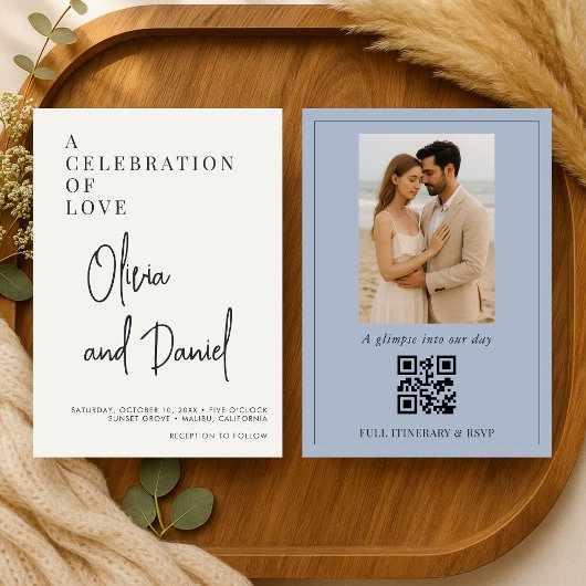Dusty Blue Script Photo QR Code Wedding Kaart