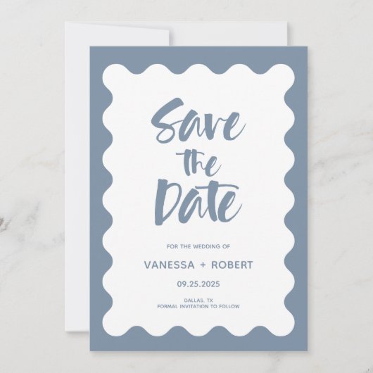 Dusty Blue Script Photo Save the Date Invitation Kaart (Voorkant)