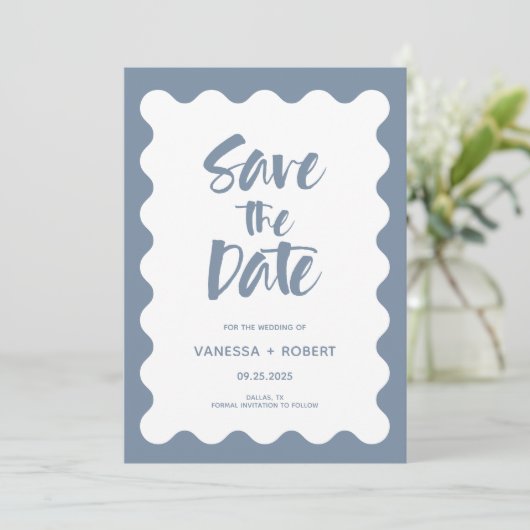 Dusty Blue Script Photo Save the Date Invitation Kaart (Staand voorkant)