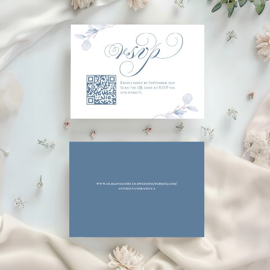 Dusty Blue Script QR Code Wedding RSVP Card Kaartje