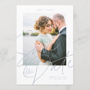 Dusty Blue Script Save the Date Photo Card Kaart