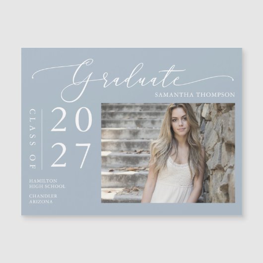 Dusty Blue Script School Afstuderen Photo Magnet (Voorkant)